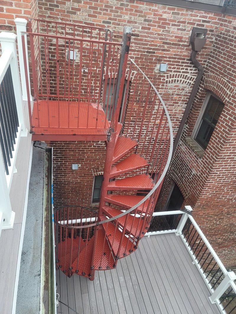 Red exterior spiral staircase